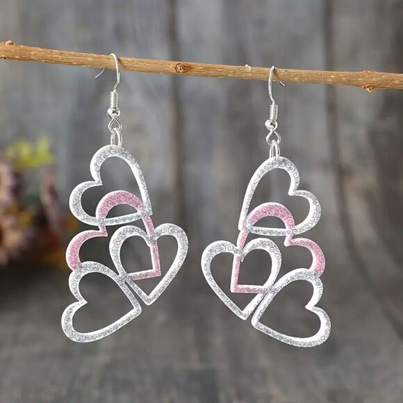 NIB - Multi-Layered Pink & Silver Heart Cluster Earrings - Picture 1 of 5
